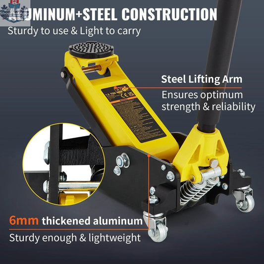 Aluminum and steel 1.5 ton low profile racing car jack with dual lift mechanism, shown in a compact, sturdy design.