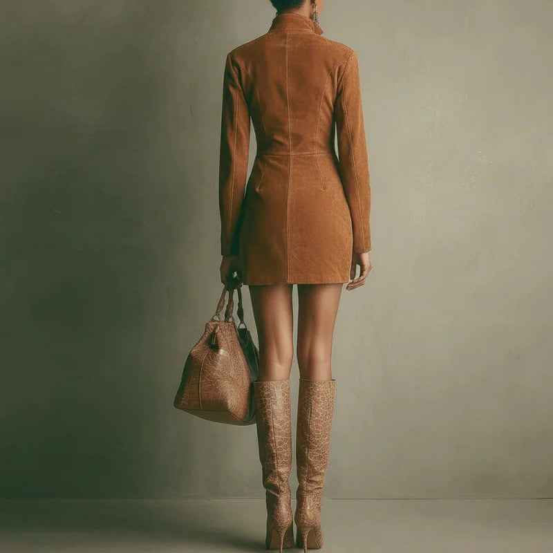 Women's Deerskin Velvet Zipper Dress - Long Sleeve Mini Dress