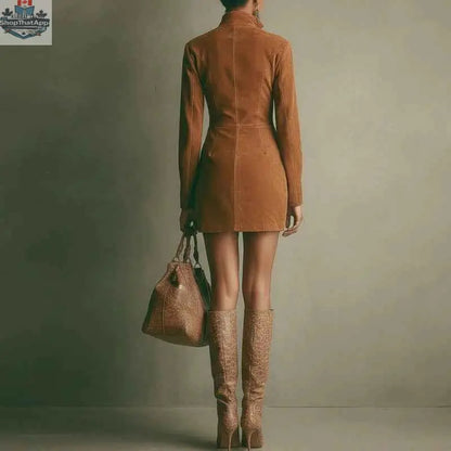 Women's Deerskin Velvet Zipper Dress - Long Sleeve Mini Dress - Shopthatapp.ca