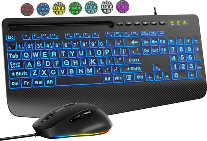 Wired Keyboard Mouse Combo – Large Print Backlit with Ergonomic Wrist Rest & 6-DPI RGB Mouse--www.Shopthatapp.ca-ebasketonline