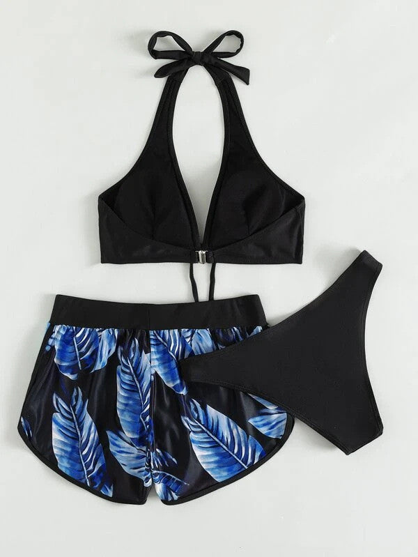 3pcs Leaf Print Bikini Swimsuit with Shorts for Women - Fashionable Summer Beach Outfit - Shopthatapp.ca