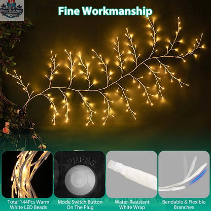 Lighted birch garland with 144 LED lights, flexible twig vine, waterproof, with timer and 8 lighting modes for festive home decor.