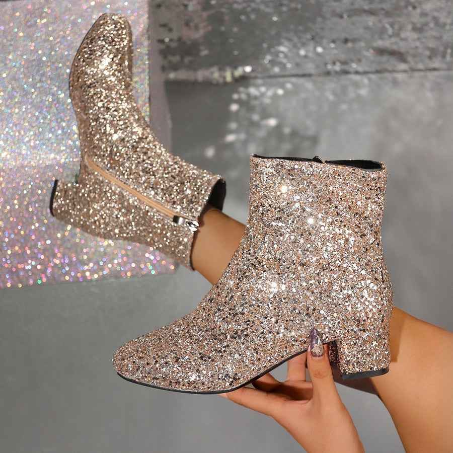 Women's Fashion Chunky Heel Boots – Cozy Faux Fur Detail Slip-On Shoes