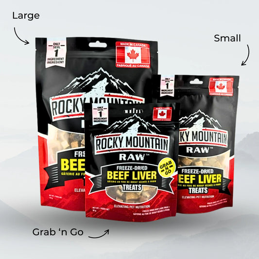 Freeze-dried beef liver treats for pets from ROCKY MOUNTAIN RAW, showing a group of beef liver pieces on a white background.