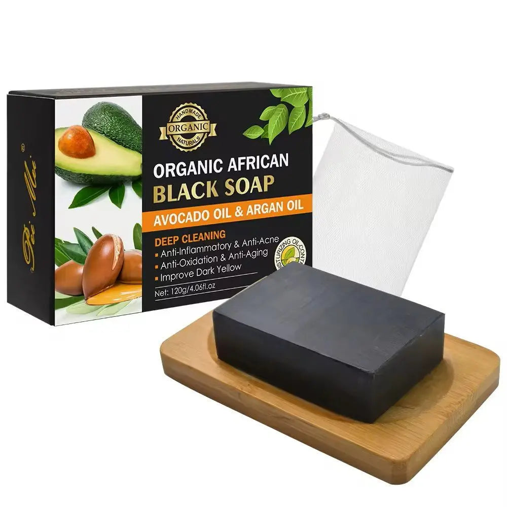 Organic African black soap with argan and avocado oils from harry'zBOUTIQUE, showcasing a black soap bar for radiant skin.