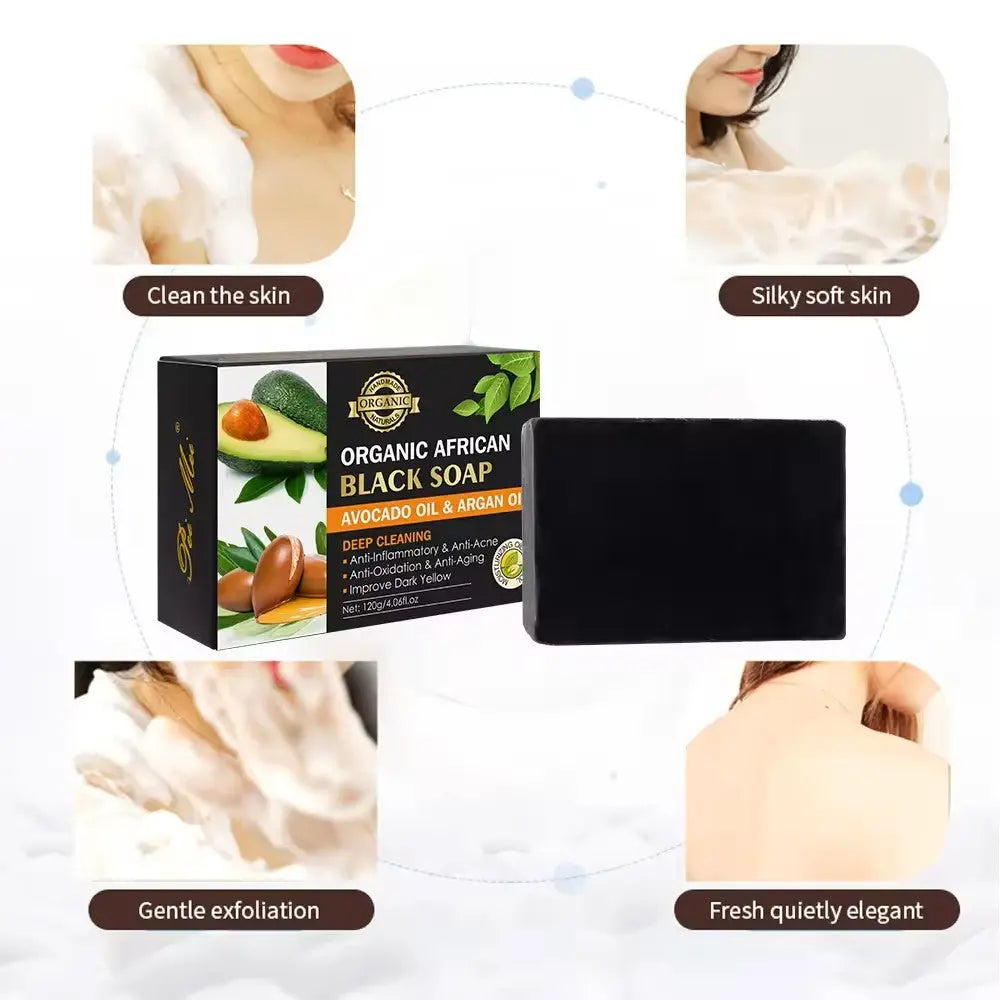 Organic African Black Soap with Argan and Avocat Oil by harry'zBOUTIQUE, featuring a black soap bar for radiant skin.