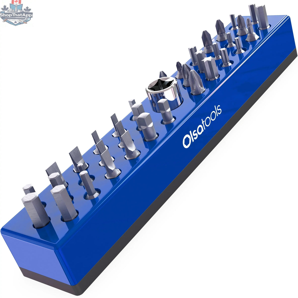 Blue Olsa Tools Canada magnetic hex bit organizer for easy tool management and quick access to hex bits.