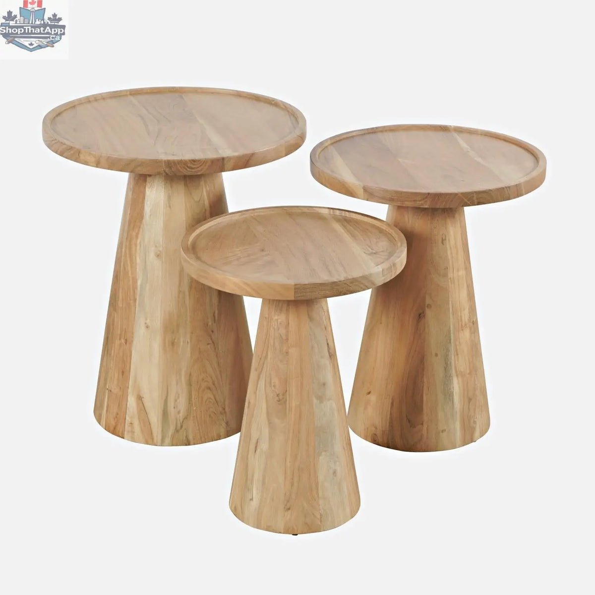 Set of three natural wood Bo Bunching Coffee Tables by Hygge Design House, versatile and stylish living room furniture.
