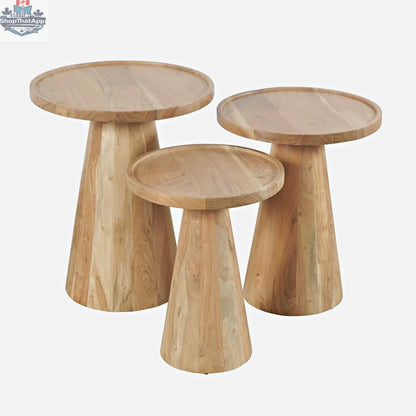 Set of three natural wood Bo Bunching Coffee Tables by Hygge Design House, versatile and stylish living room furniture.