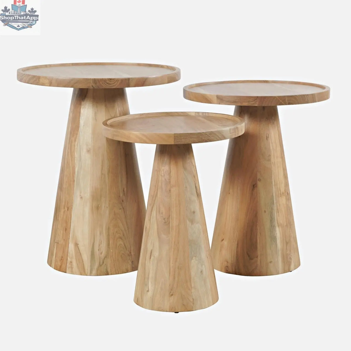 Set of Bo Bunching Tables by Hygge Design House, natural wood coffee tables with nested, staggered design for stylish living room decor.