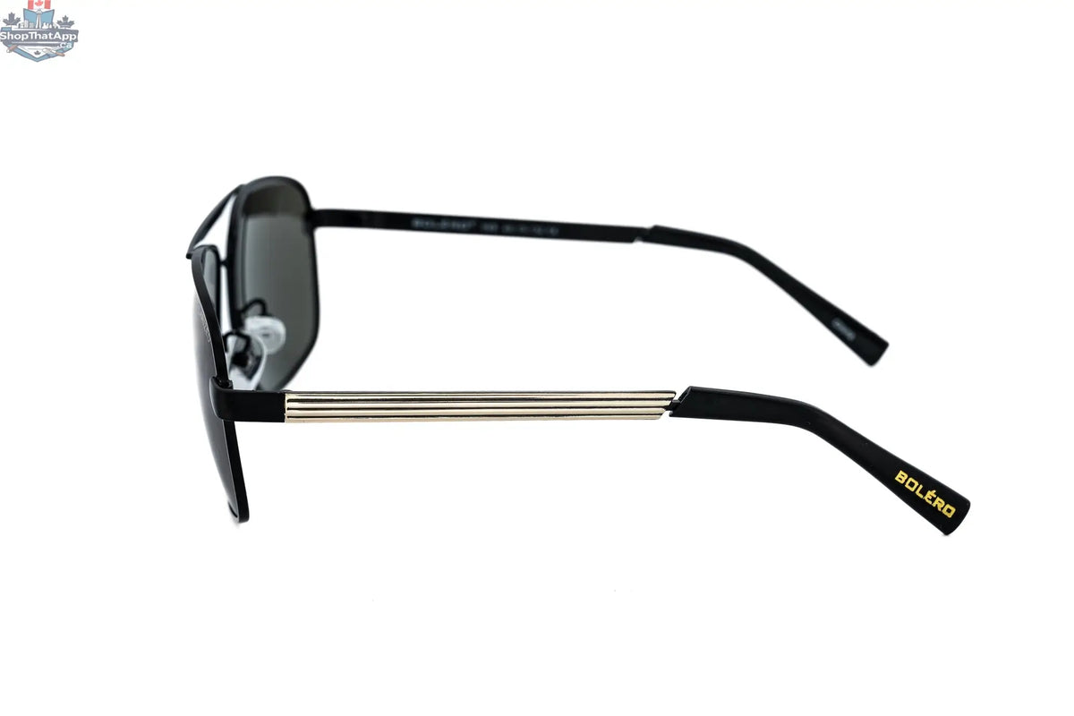 Side view of Boléro Eyewear Renlor polarized navigator sunglasses with black frames and aviator style.