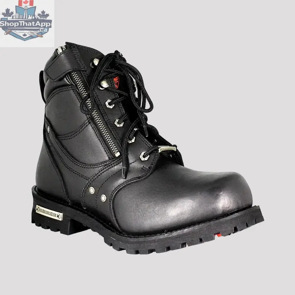 Milwaukee men's motorcycle boots with 6-inch side zipper and lace-up design, offering comfort and protection for riders.