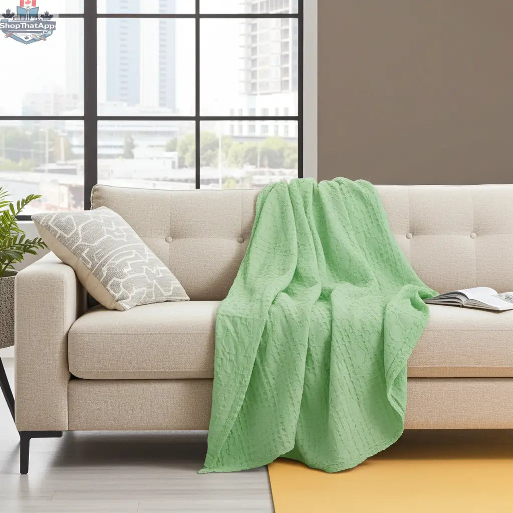 Hem And Tassel box waffle cotton throw in pistachio color, showcasing a cozy, wearable blanket with a textured waffle weave.