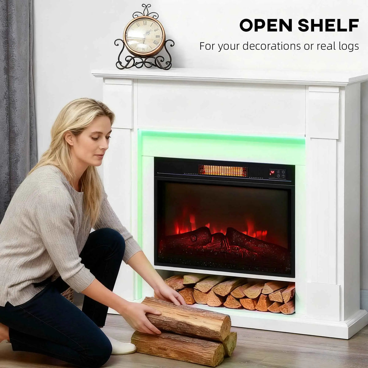 A white Aubrey electric fireplace with mantel and adjustable 3D flame effect, perfect for cozy home décor.