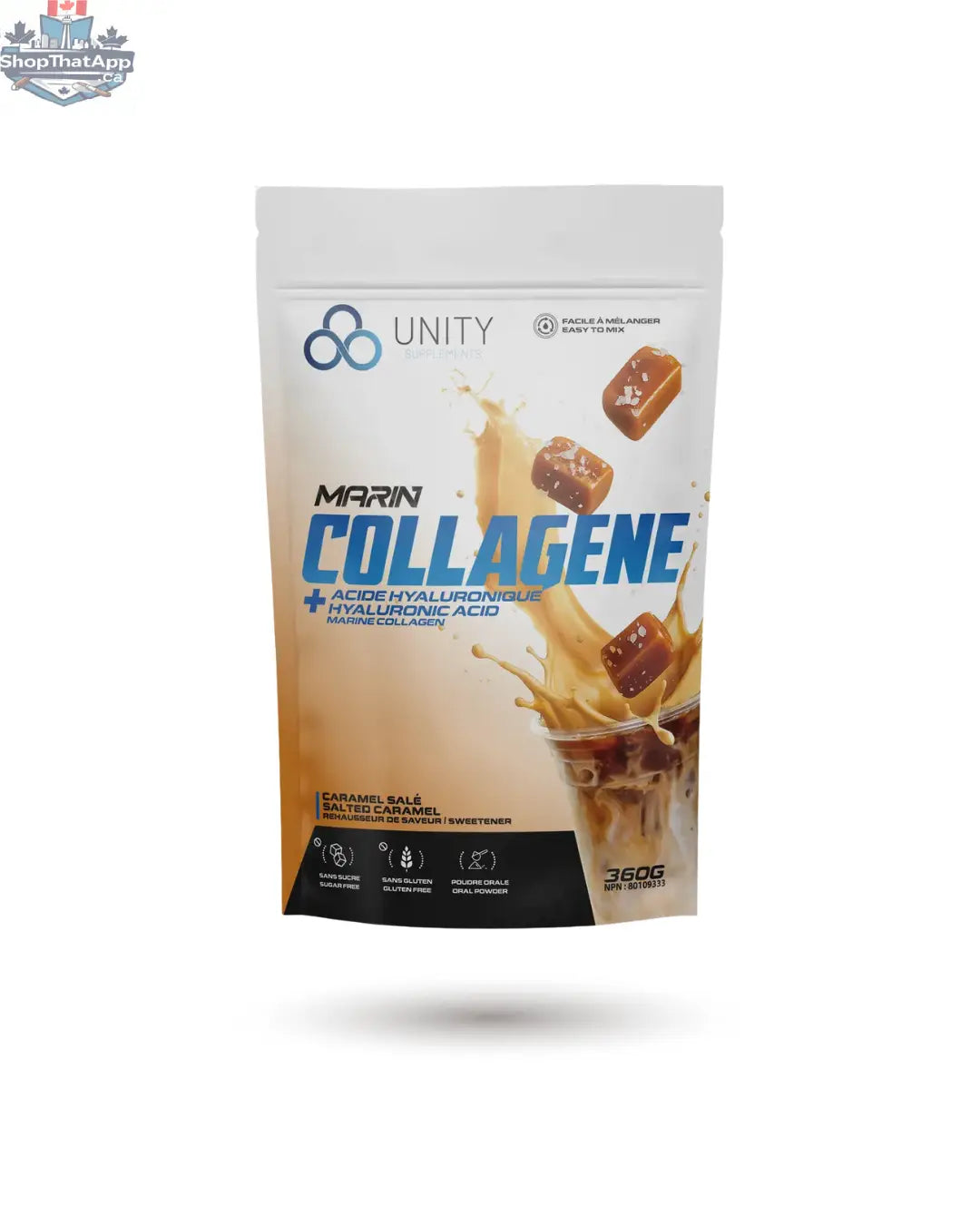 BulkBully Supplements Marine Collagen Powder with Hyaluronic Acid salted caramel flavored coffee creamer in a resealable pouch.