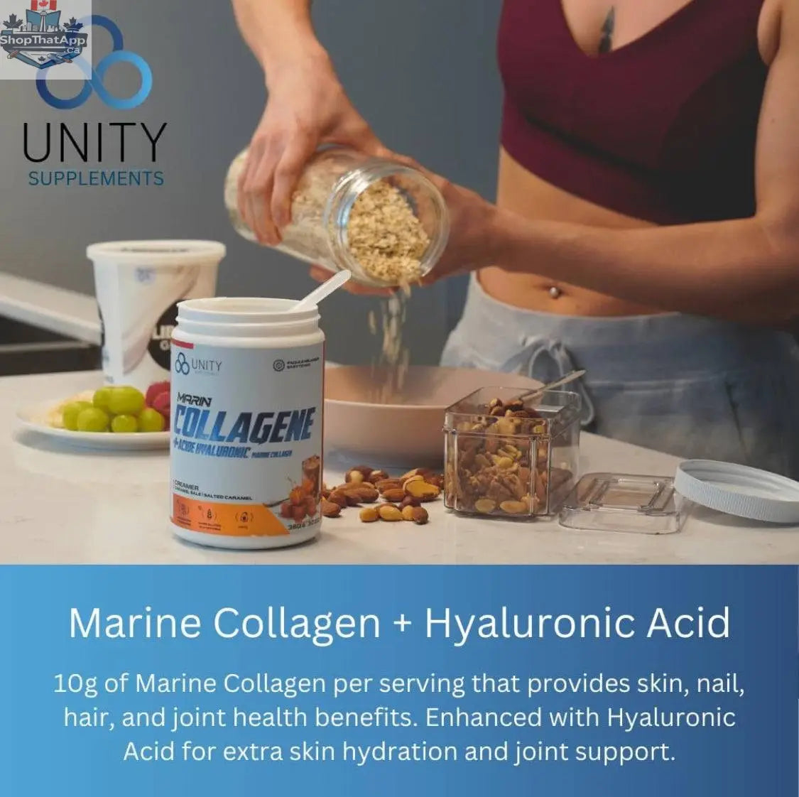 BulkBully Supplements Unity Marine Collagen Powder with Hyaluronic Acid salted caramel flavored coffee creamer, showing the product container.