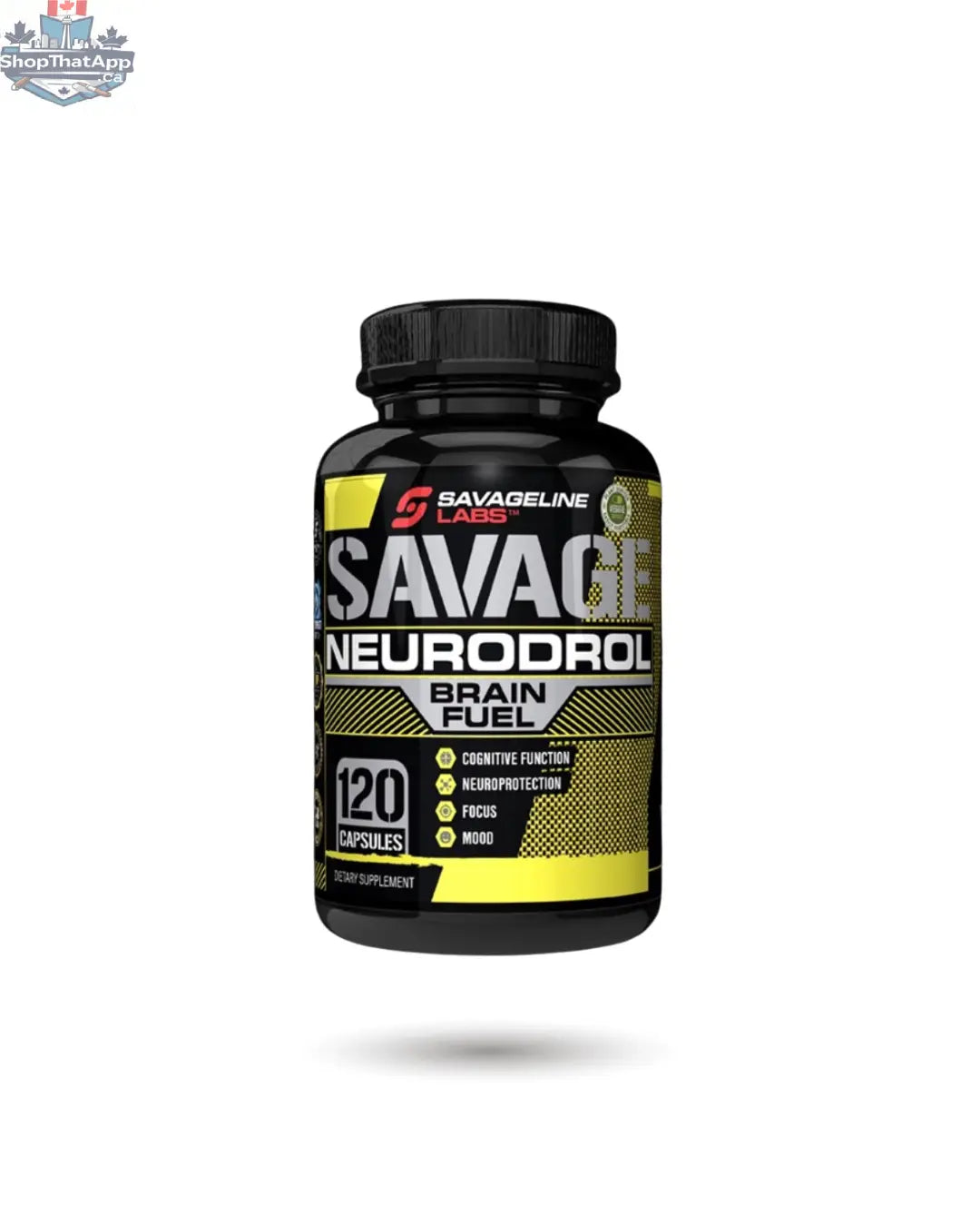 Nootropic supplement bottle labeled Savageline Labs Neurodrol by BulkBully Supplements with orange cap and clear label.