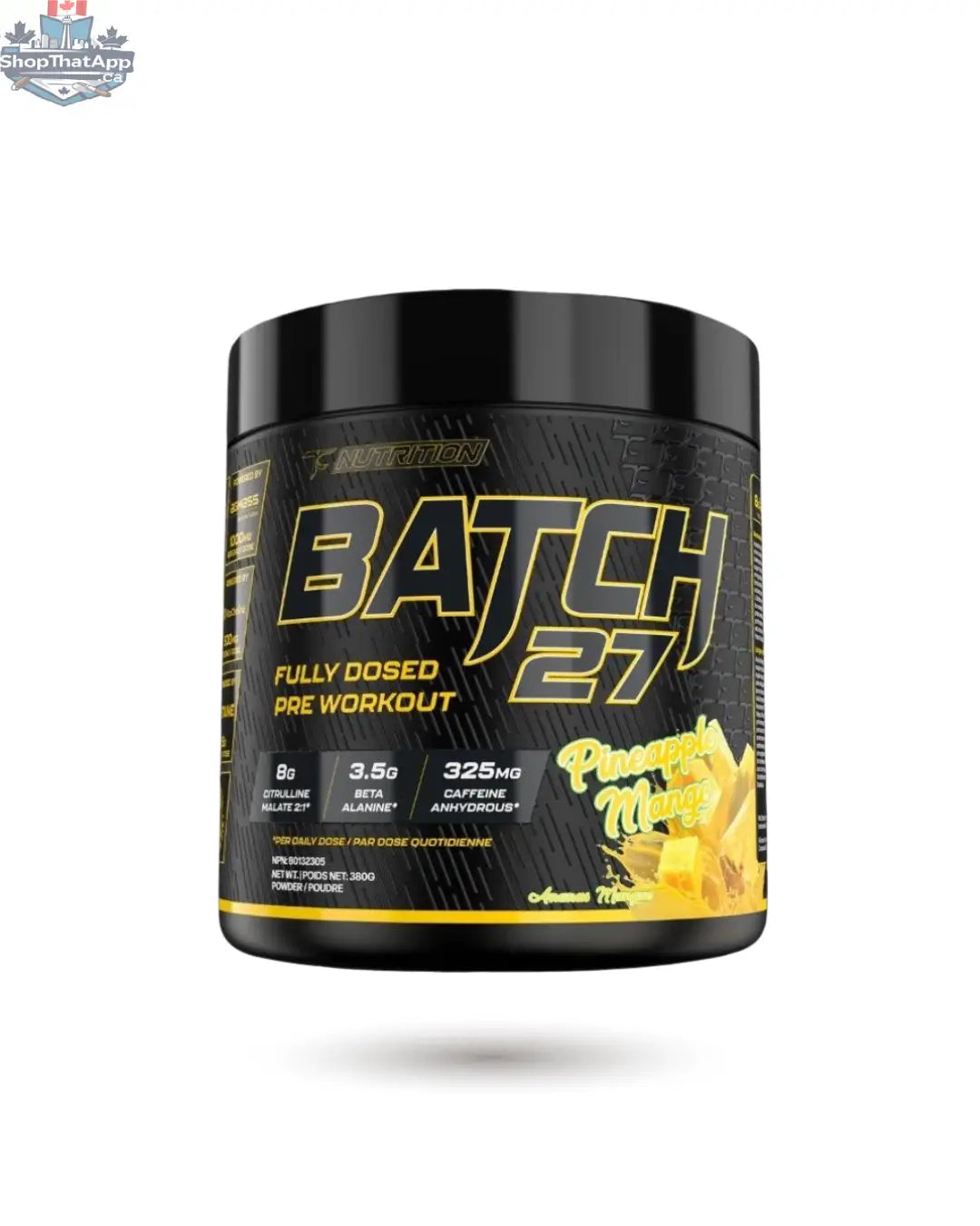 BulkBully Supplements TC Nutrition Batch 27 Pre-Workout powder in a container, ready for gym use, with label visible.