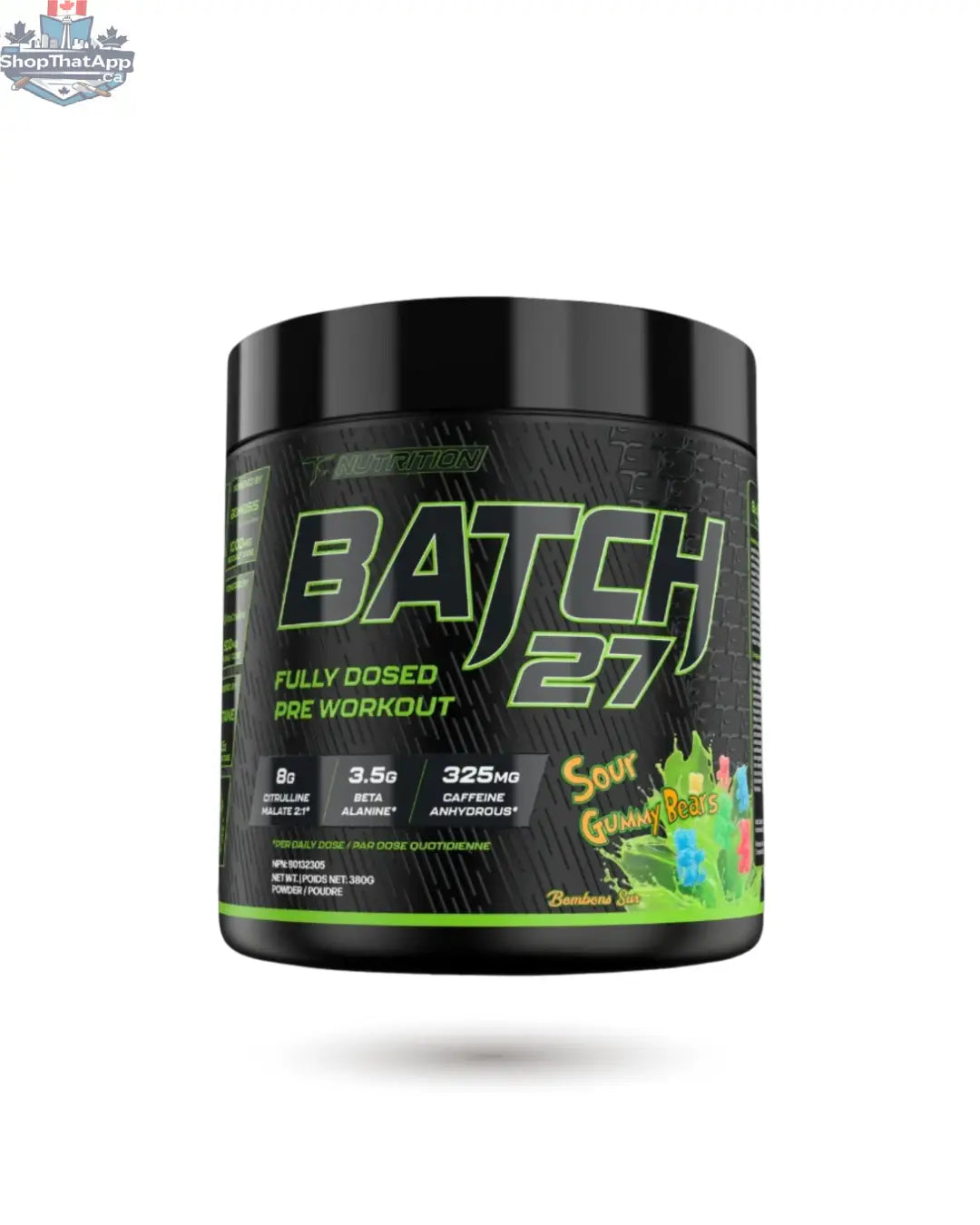 BulkBully Supplements TC Nutrition Batch 27 Pre-Workout powder in a colorful container with a label showing flavor and product details.