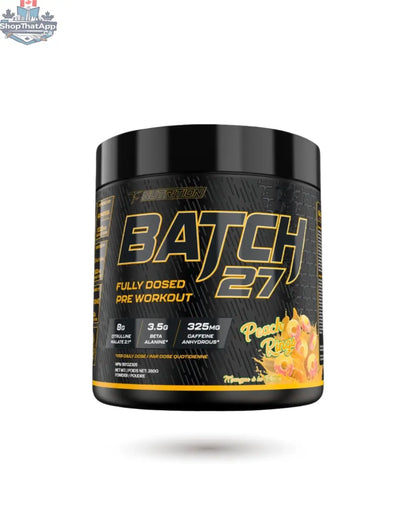 BulkBully Supplements TC Nutrition Batch 27 pre-workout powder in a container with label and scoop, ready for use.