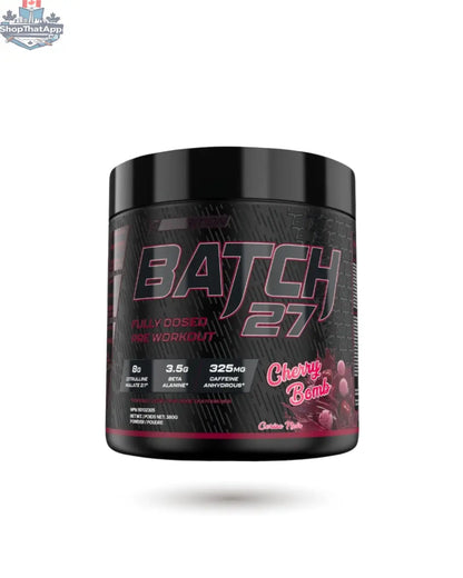 BulkBully Supplements TC Nutrition Batch 27 pre-workout powder in a colorful container with scoop and label details.