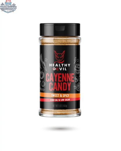 Healthy Devil Cayenne Candy Seasoning in a clear jar with red pepper flakes, perfect for adding spicy flavor to dishes.