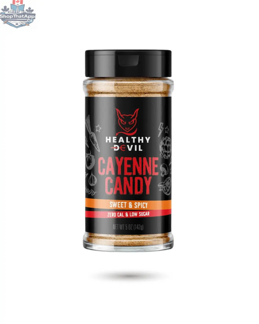 Healthy Devil Cayenne Candy Seasoning in a clear jar with red pepper flakes, perfect for adding spicy flavor to dishes.