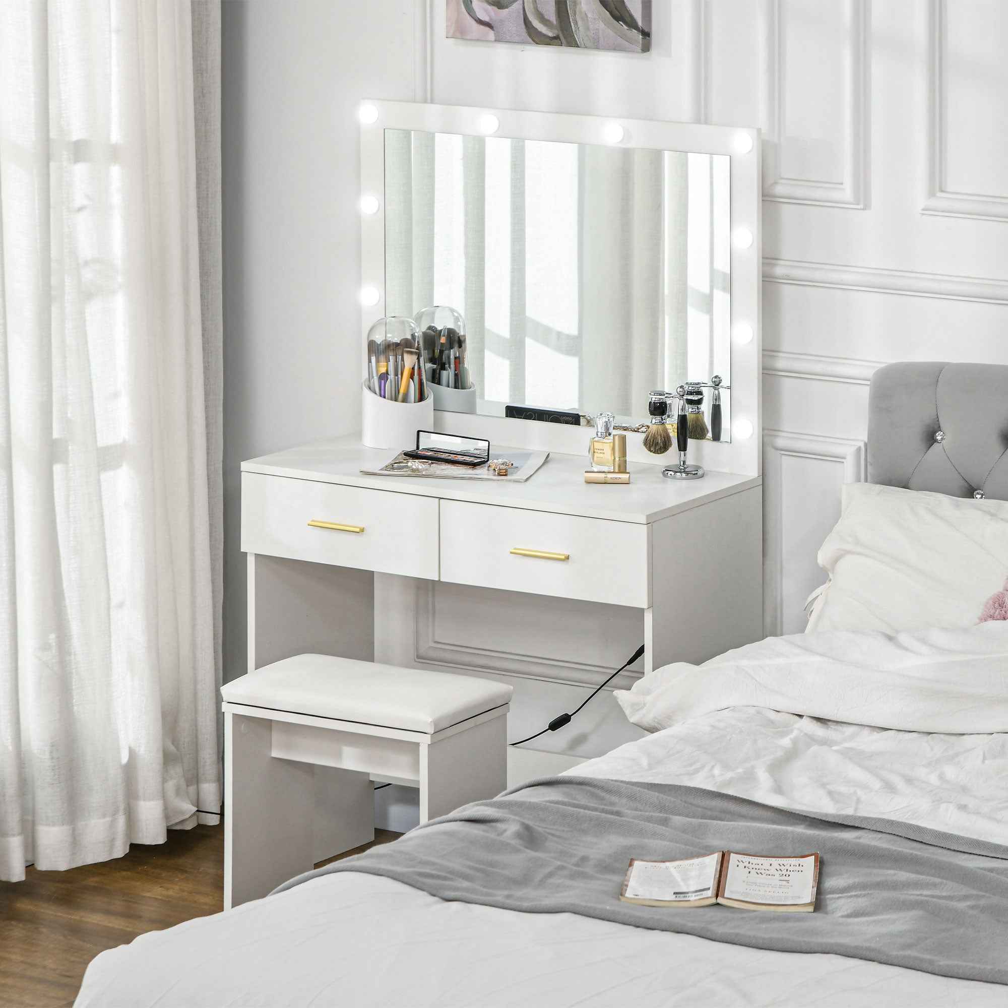 Olivia Vanity Desk Set with Stool and LED Lighting Mirror-White