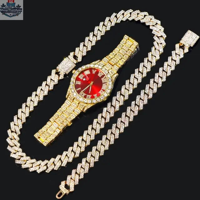 Elevate Your Style with the Gold Cuban Link Chain Watch – 14MM Bracelet with Red Face - Shopthatapp.ca