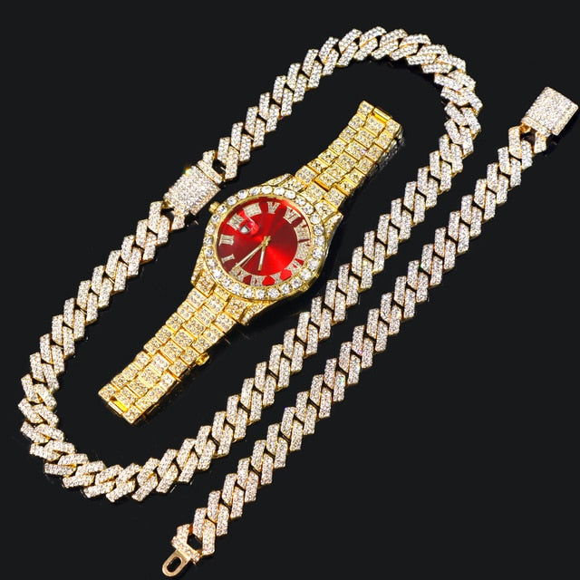 Elevate Your Style with the Gold Cuban Link Chain Watch – 14MM Bracelet with Red Face