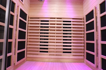Zoppinh Blisspod Venetian indoor sauna with Canadian Hemlock, 10 heaters, chromotherapy, and space for two persons.