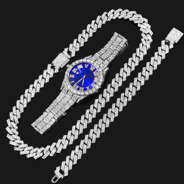 Elevate Your Style with Our 14mm Cuban Link Chain Bracelet and Blue Face Watch
