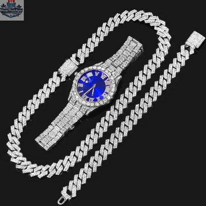 Elevate Your Style with Our 14mm Cuban Link Chain Bracelet and Blue Face Watch - Shopthatapp.ca