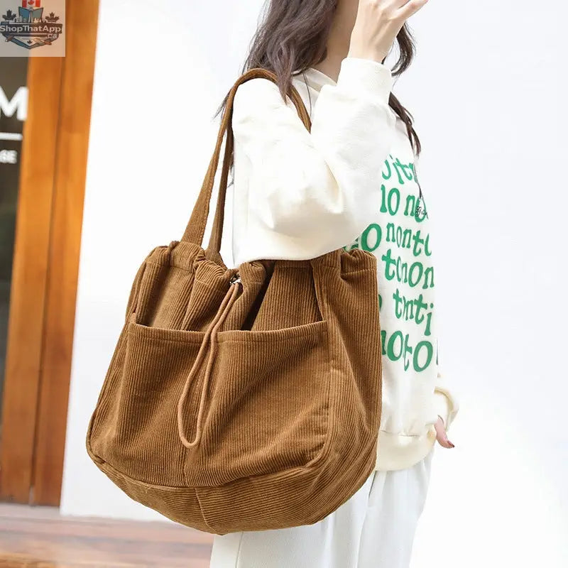 Ins Corduroy Shoulder Bags Drawstring Multi-pocket Handbag Women Underarm Bags - Shopthatapp.ca