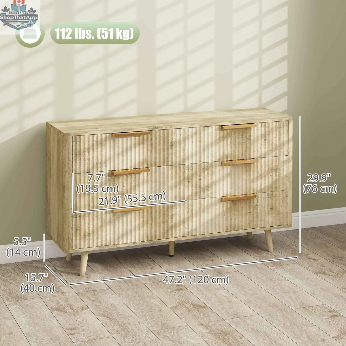 Oak Dakota Dresser by SLOTH Nation with six fluted drawers, showcasing sleek bedroom furniture design and natural wood finish.