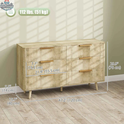Oak Dakota Dresser by SLOTH Nation with six fluted drawers, showcasing sleek bedroom furniture design and natural wood finish.
