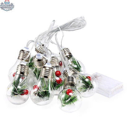 13.78ft Christmas snow globe string lights with 10 LED bulbs, pine needles, snowflakes, berries, and ultrasonic rodent repellent.
