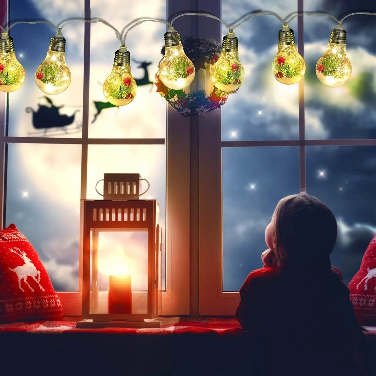 13.78ft Christmas snow globe string lights with 10 LED bulbs, pine needles, snowflakes, berries, and ultrasonic rodent repellent.
