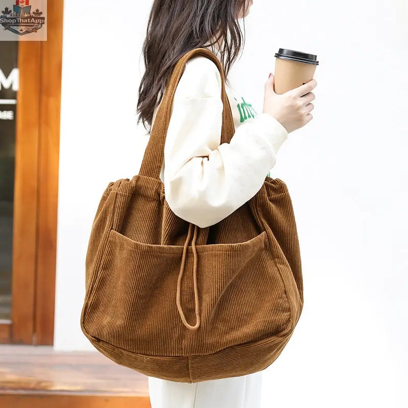 Ins Corduroy Shoulder Bags Drawstring Multi-pocket Handbag Women Underarm Bags - Shopthatapp.ca