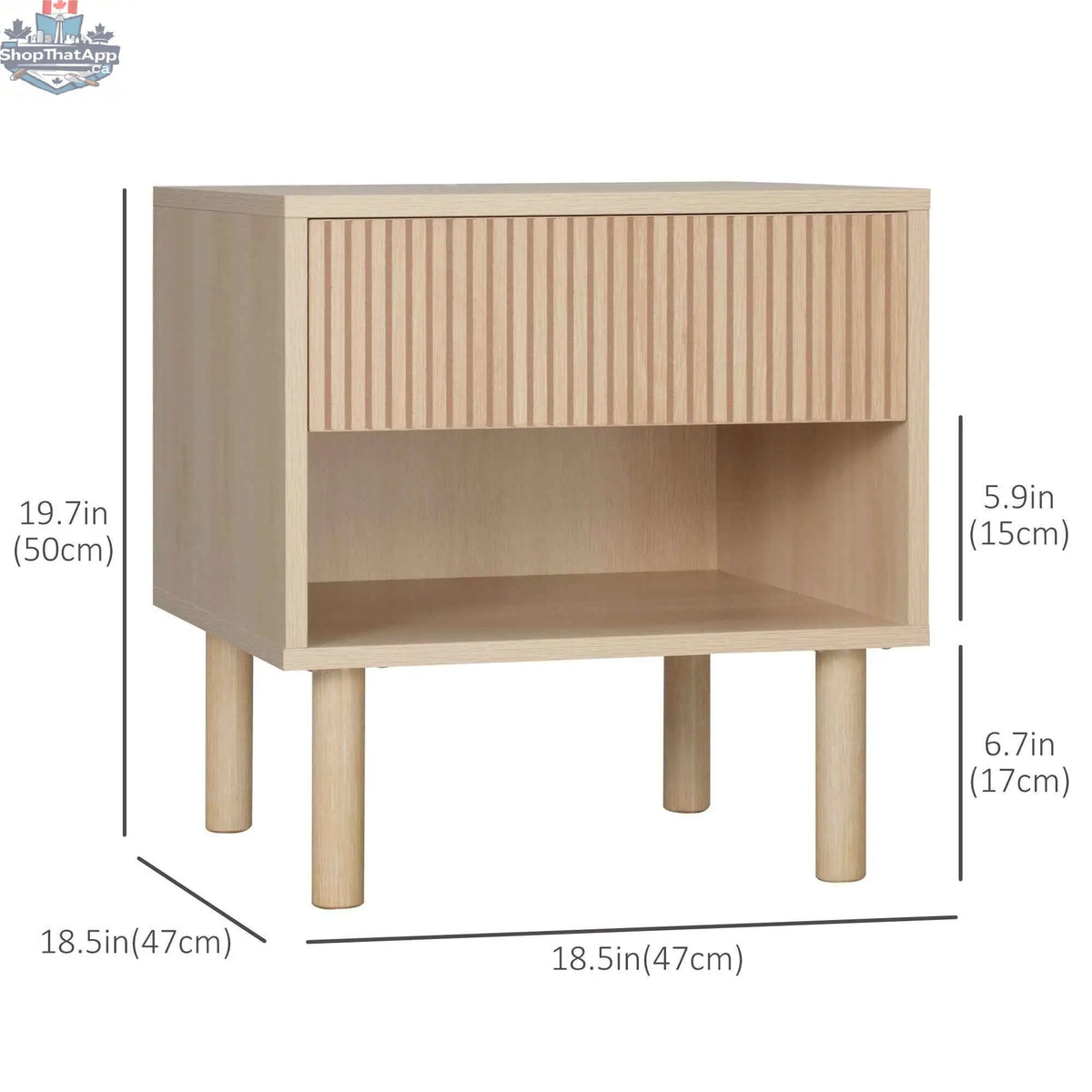 Laura modern wooden bedside table with drawer and open shelf, natural wood finish, bedroom furniture by SLOTH Nation.