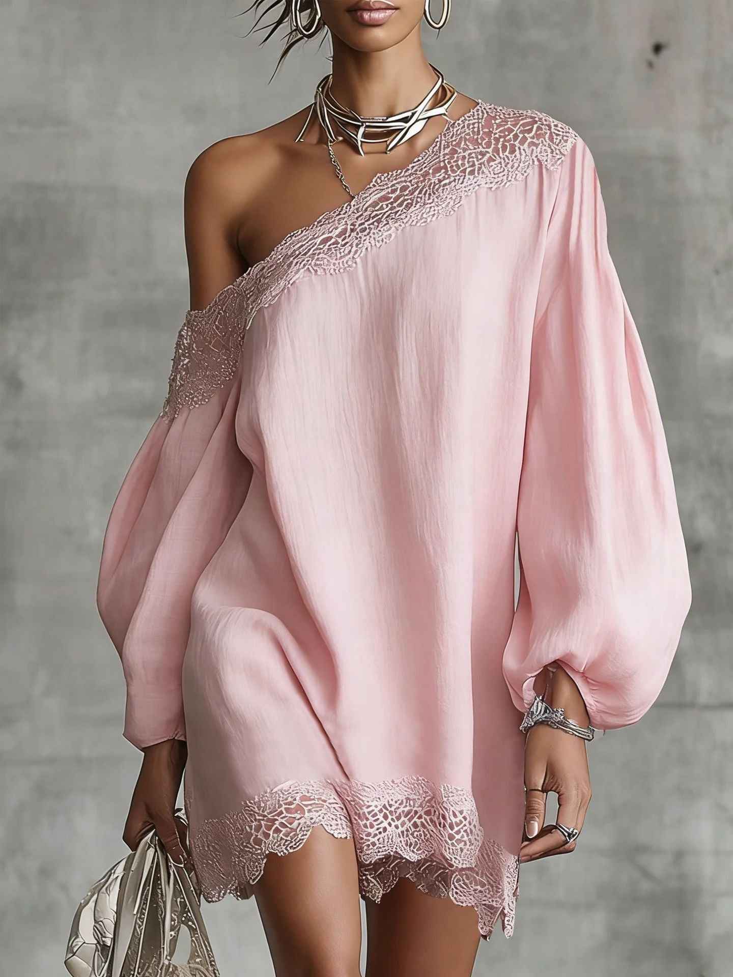 Women's Off-Shoulder Long Sleeve Mini Dress | Lace Trim Dress