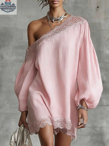 Women's Off-Shoulder Long Sleeve Mini Dress | Lace Trim Dress - Shopthatapp.ca
