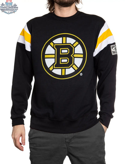 Calhoun Surf N' Skate Boston Bruins crewneck sweatshirt with varsity retro style design, featuring team logo and classic varsity lettering.