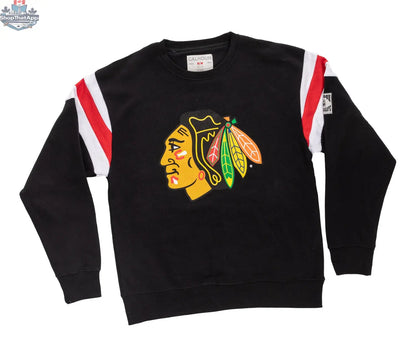 Calhoun Surf N' Skate Chicago Blackhawks varsity crewneck sweater with retro style and team logo, flat view.