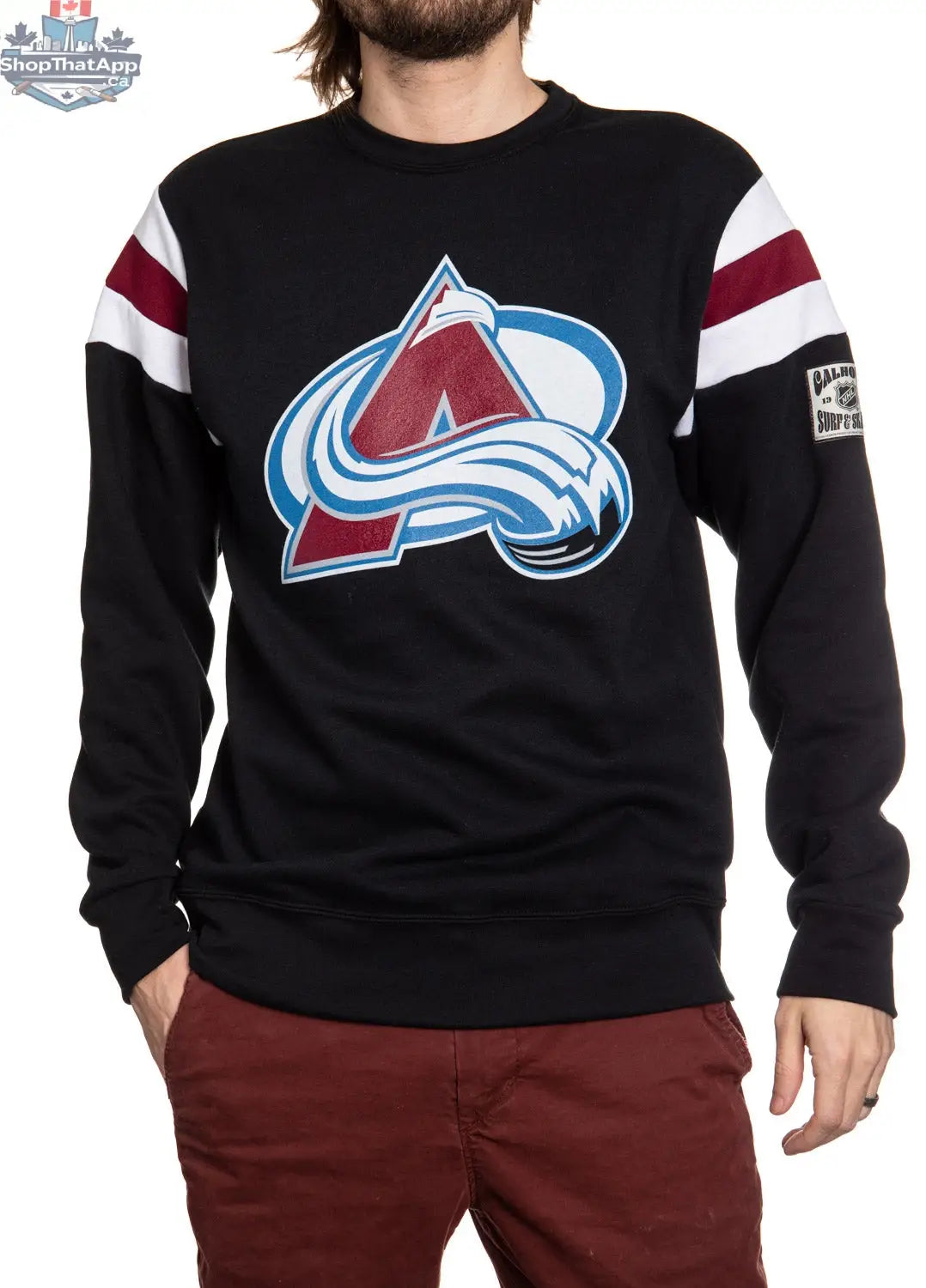 Calhoun Surf N' Skate Colorado Avalanche crewneck sweatshirt in retro varsity style, featuring team logo and vibrant design.