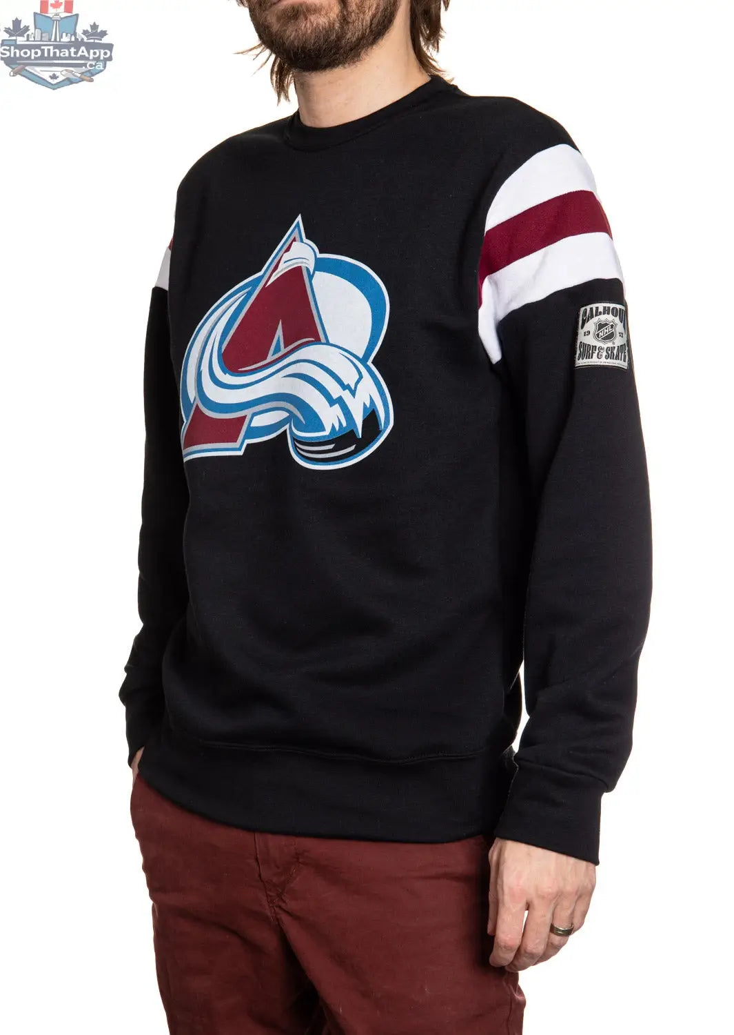 Calhoun Surf N' Skate Colorado Avalanche retro varsity crewneck sweatshirt showing team logo and classic design.