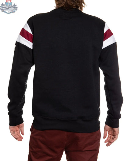 Colorado Avalanche crewneck sweatshirt by Calhoun Surf N' Skate featuring retro varsity style, shown in a close-up image.