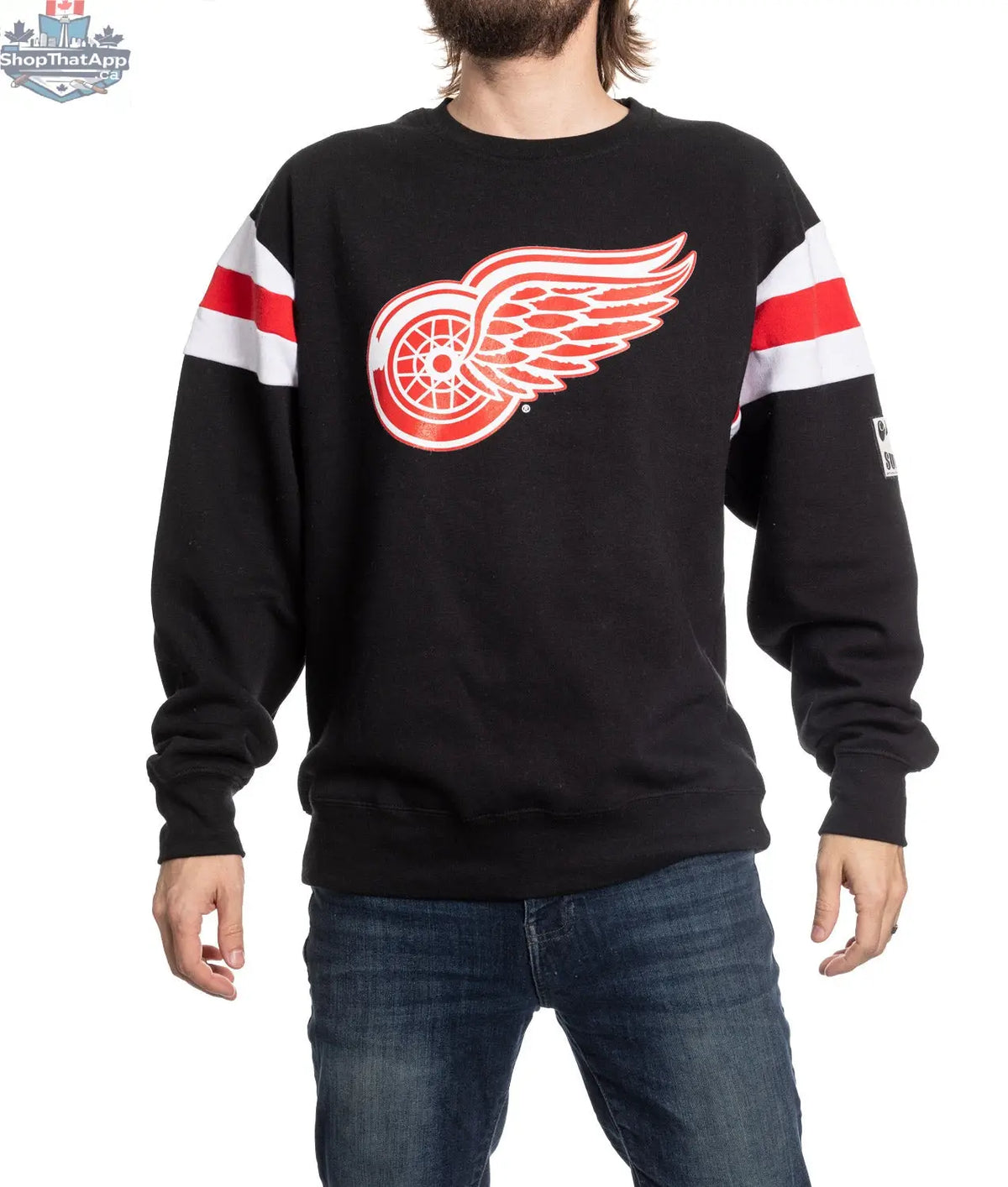 Detroit Red Wings crewneck sweater in retro varsity style, featuring team logo and classic knit design by Calhoun Surf N' Skate.