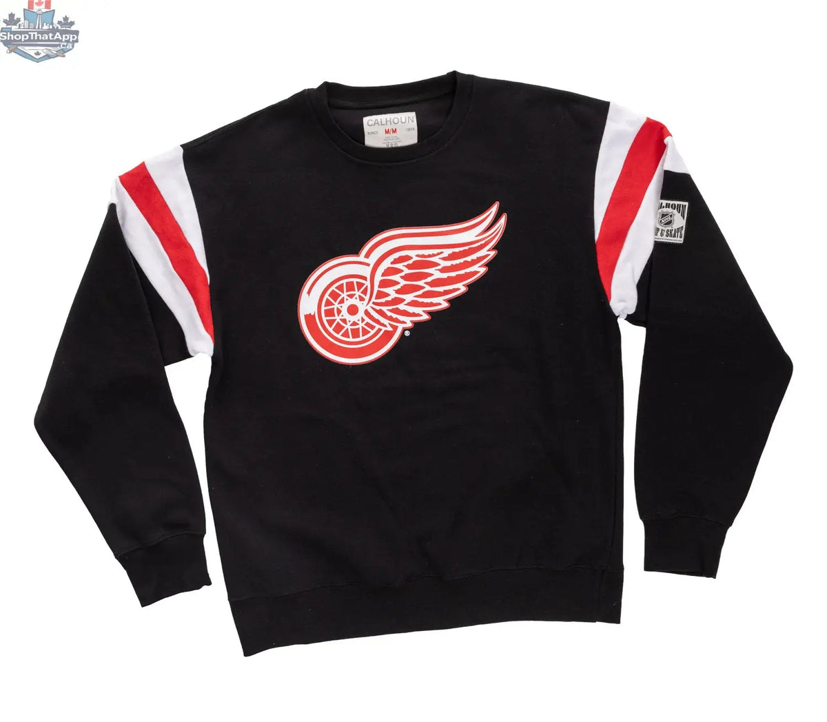 Detroit Red Wings crewneck sweater in retro varsity style, featuring team logo and classic design, by Calhoun Surf N' Skate.