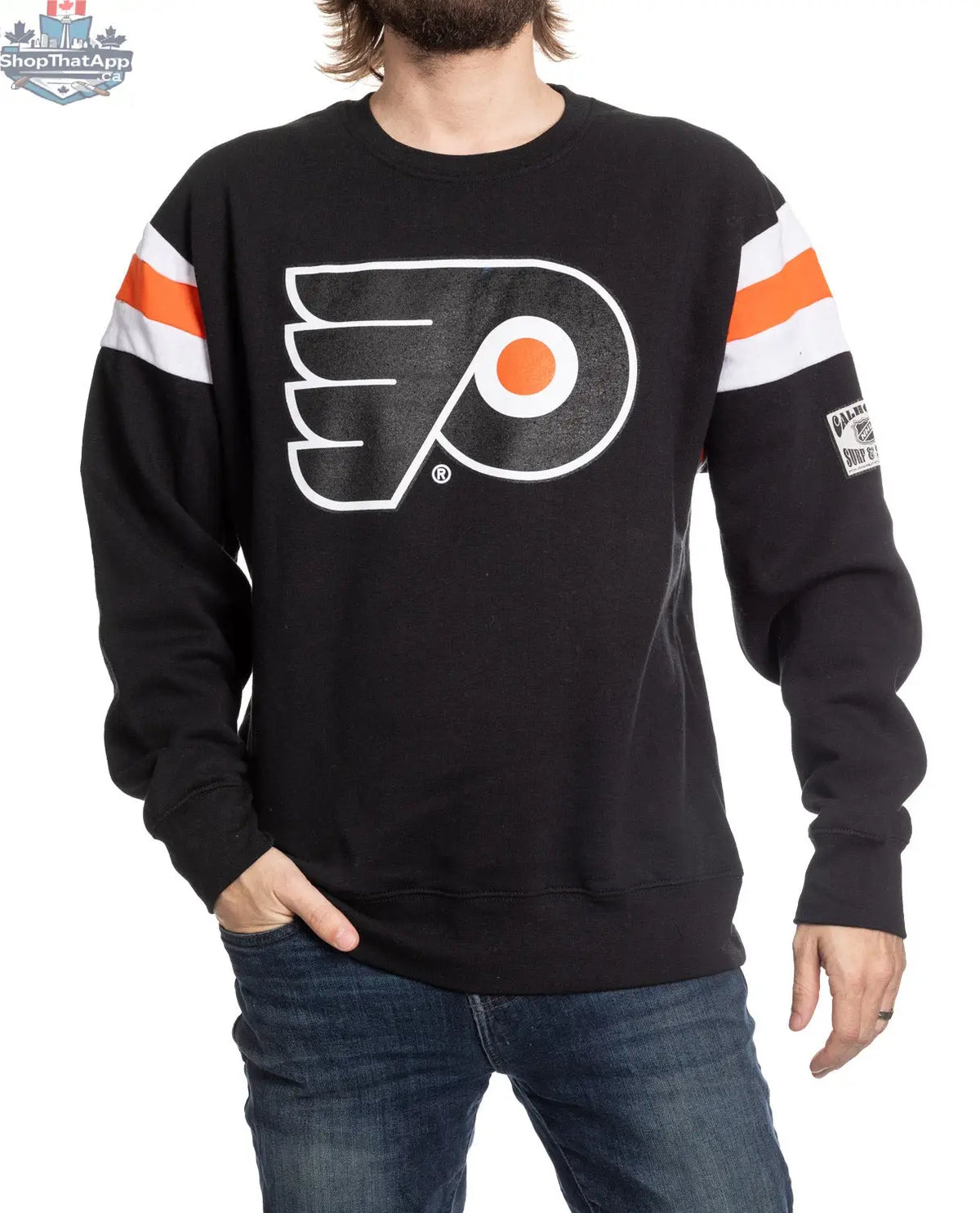 Philadelphia Flyers varsity-style crewneck sweater by Calhoun Surf N' Skate, featuring team logo and retro varsity design.